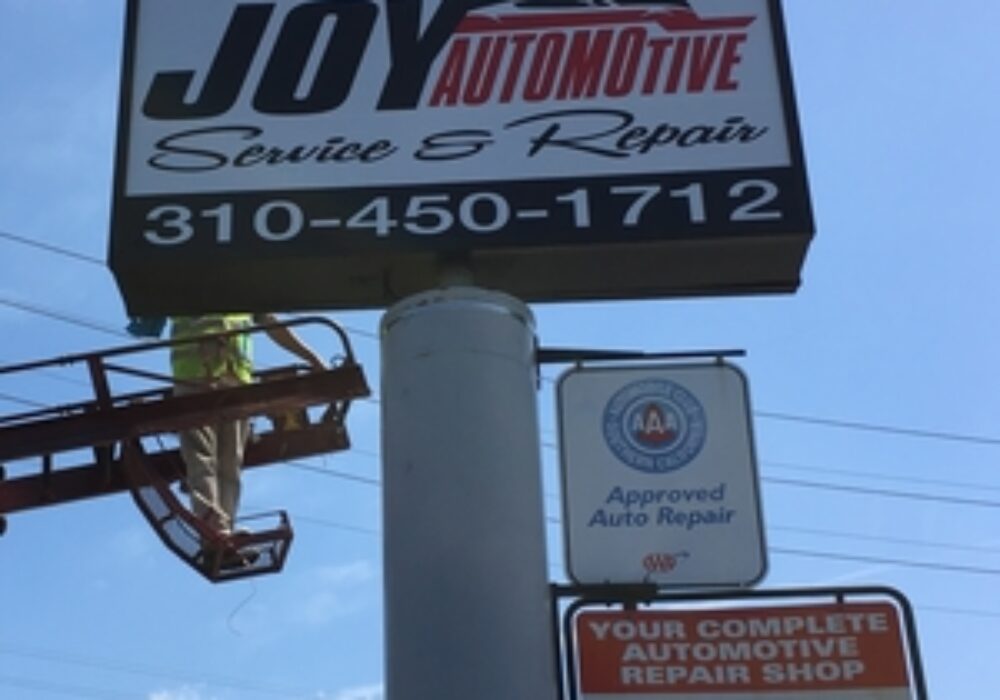 Store Front Light Box and Pylon Sign Inserts for Joy Automotive Repair in Santa Monica