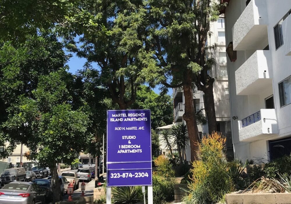 Post and Panel Sign for Martel Regency Island Apartments in Los Angeles