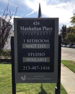 Read more about the article Post and Panel Sign at The Manhattan Place for The Jacobson Company in Los Angeles