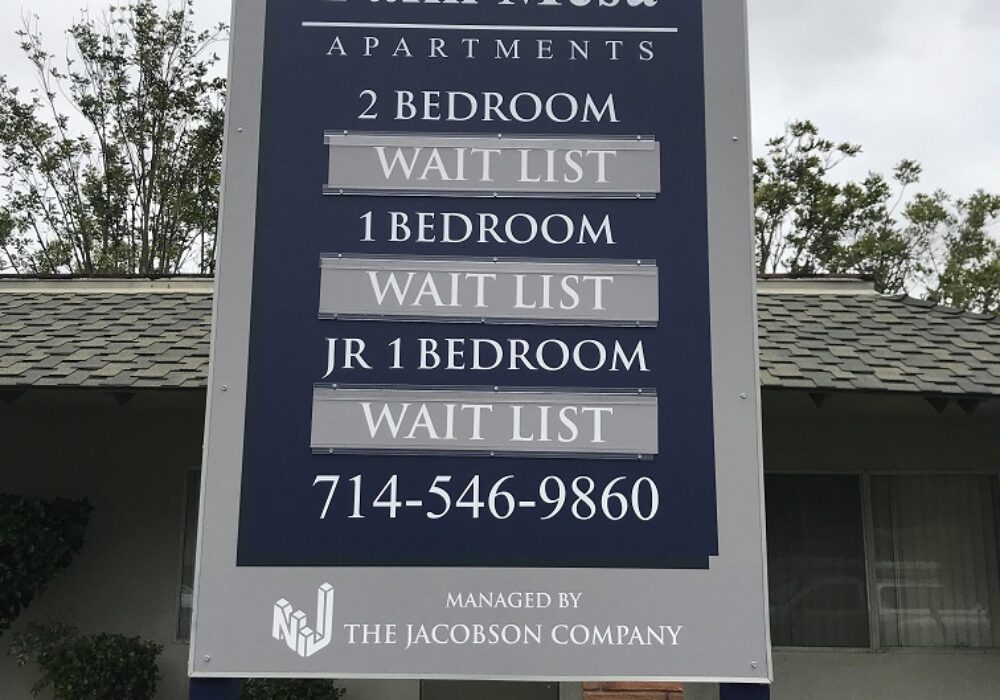 Post and Panel Sign for Palm Mesa Apartments in Newport Beach