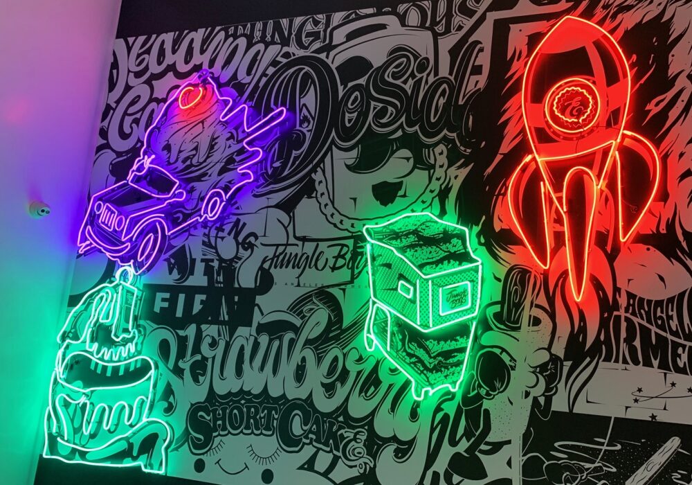 Rocket, Shopping Cart and Ice Cream Neon Wall Signs for Jungle Boy in Los Angeles