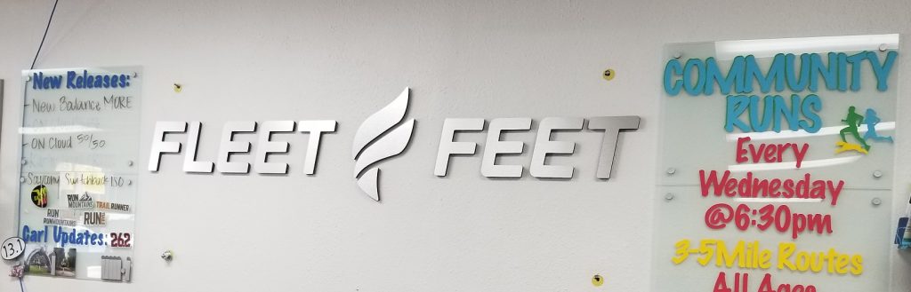 gym lobby sign, Lobby Sign, reception sign, business name sign, metal sign, Fleet Feet Lobby Sign, Acrylic Lobby Signs, Metal Lobby Signs, Premium SIgn Solutions, Sign Makers Los Angeles, Encino Sign Company, Interior Signs Los Angeles