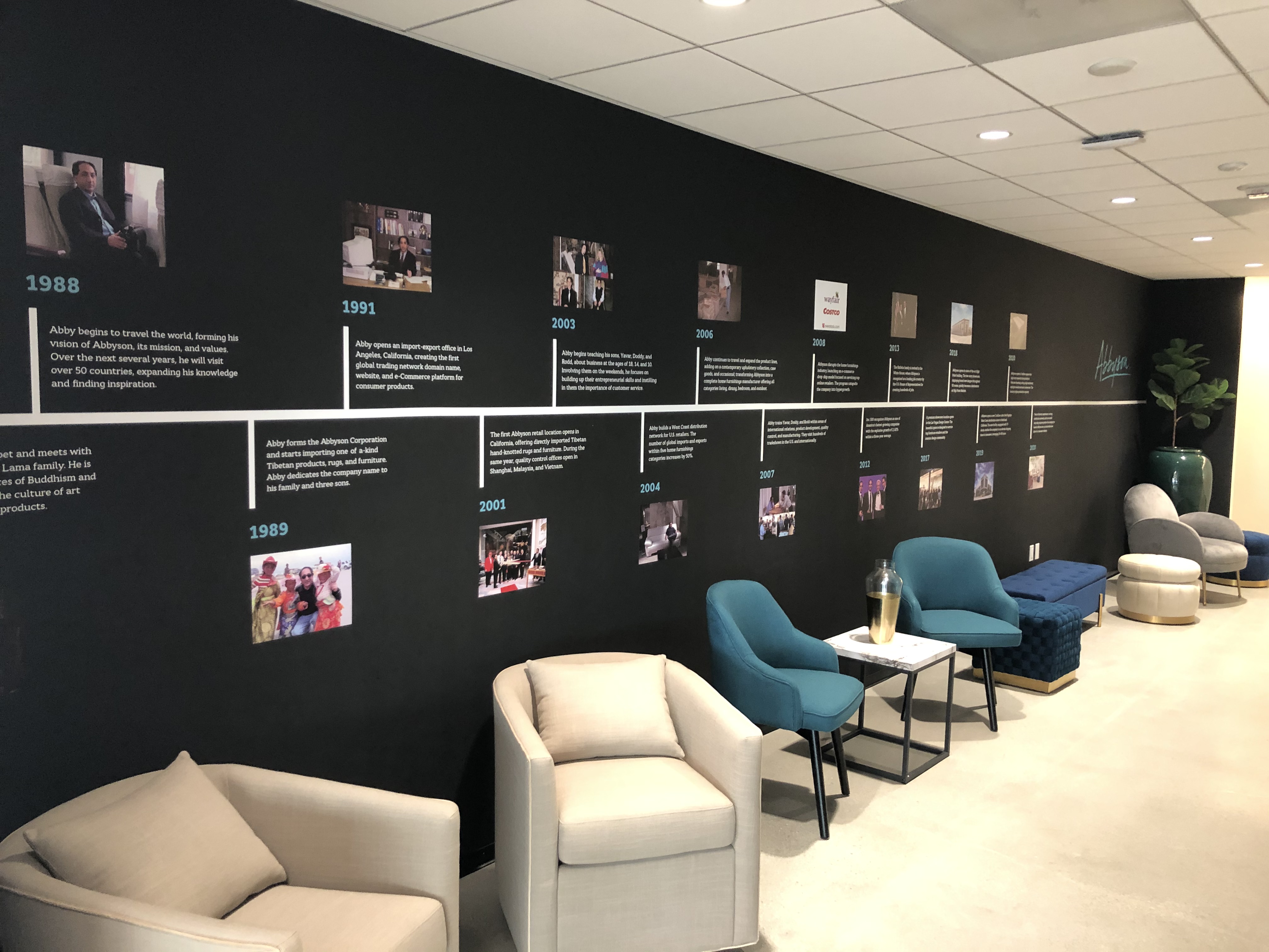 We often mention conveying brand identity through signage. Timeline wall graphics are a great way to do this, like with Abbyson's office in Woodland Hills.