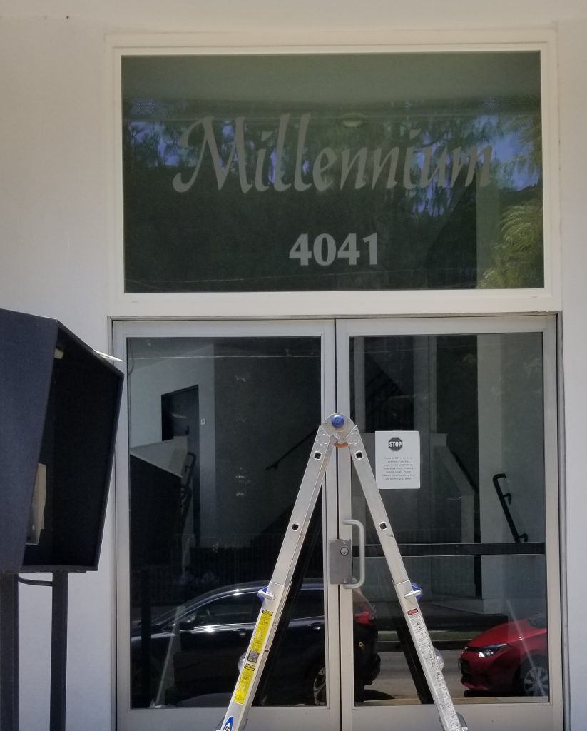 Part of the sign package we made for this building included frosted vinyl window graphics to make Millennium Apartments stand out even more in Studio City! 