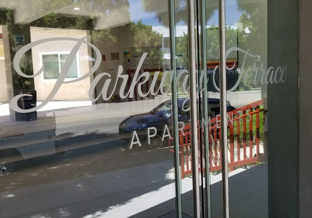 Etched Glass Vinyl Entrance Sign for Parkway Terrace in Culver City