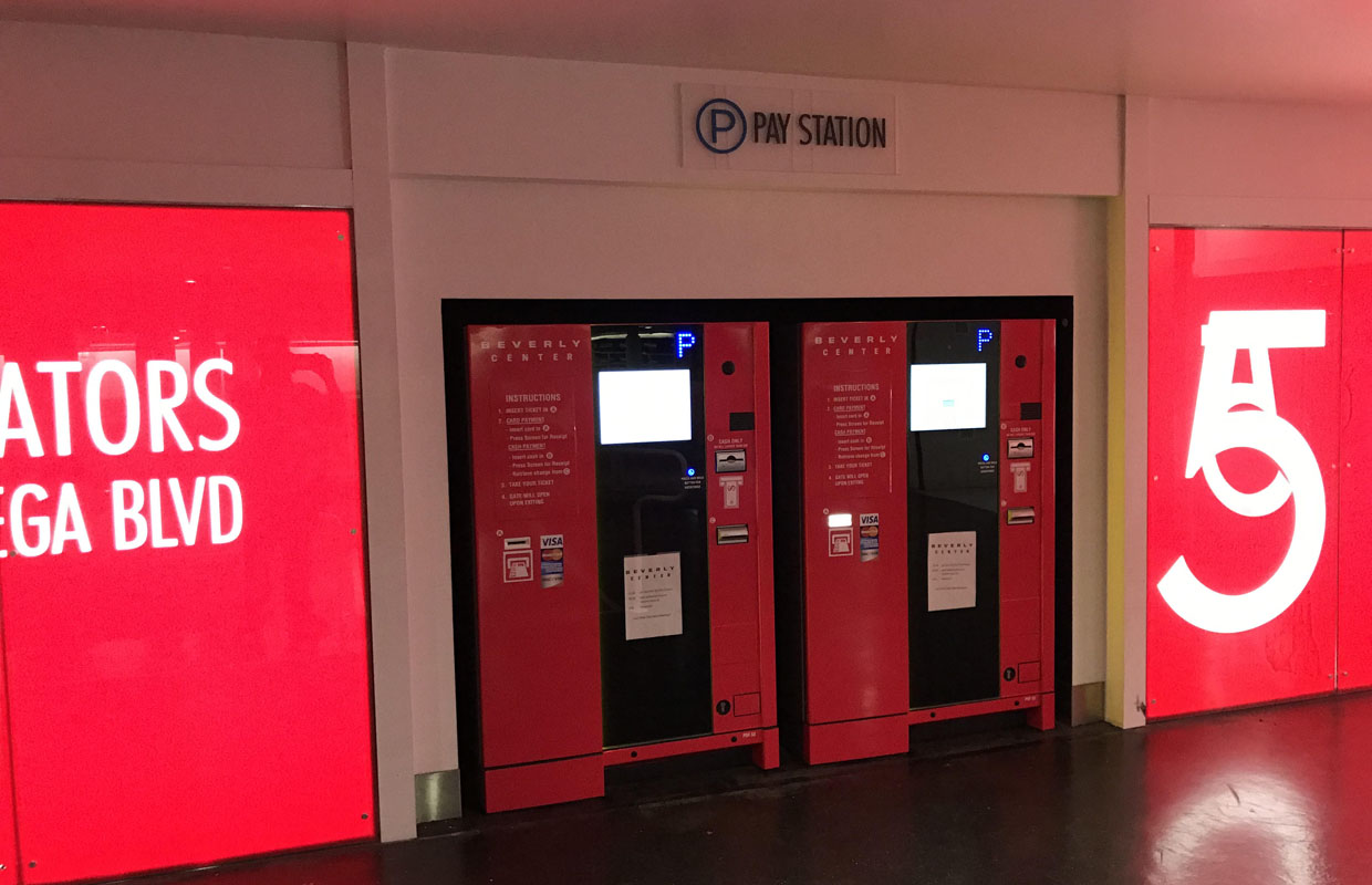 Beverly Center Pay on Foot Kiosks Vinyl Lettering and Full Color Wrap in Red