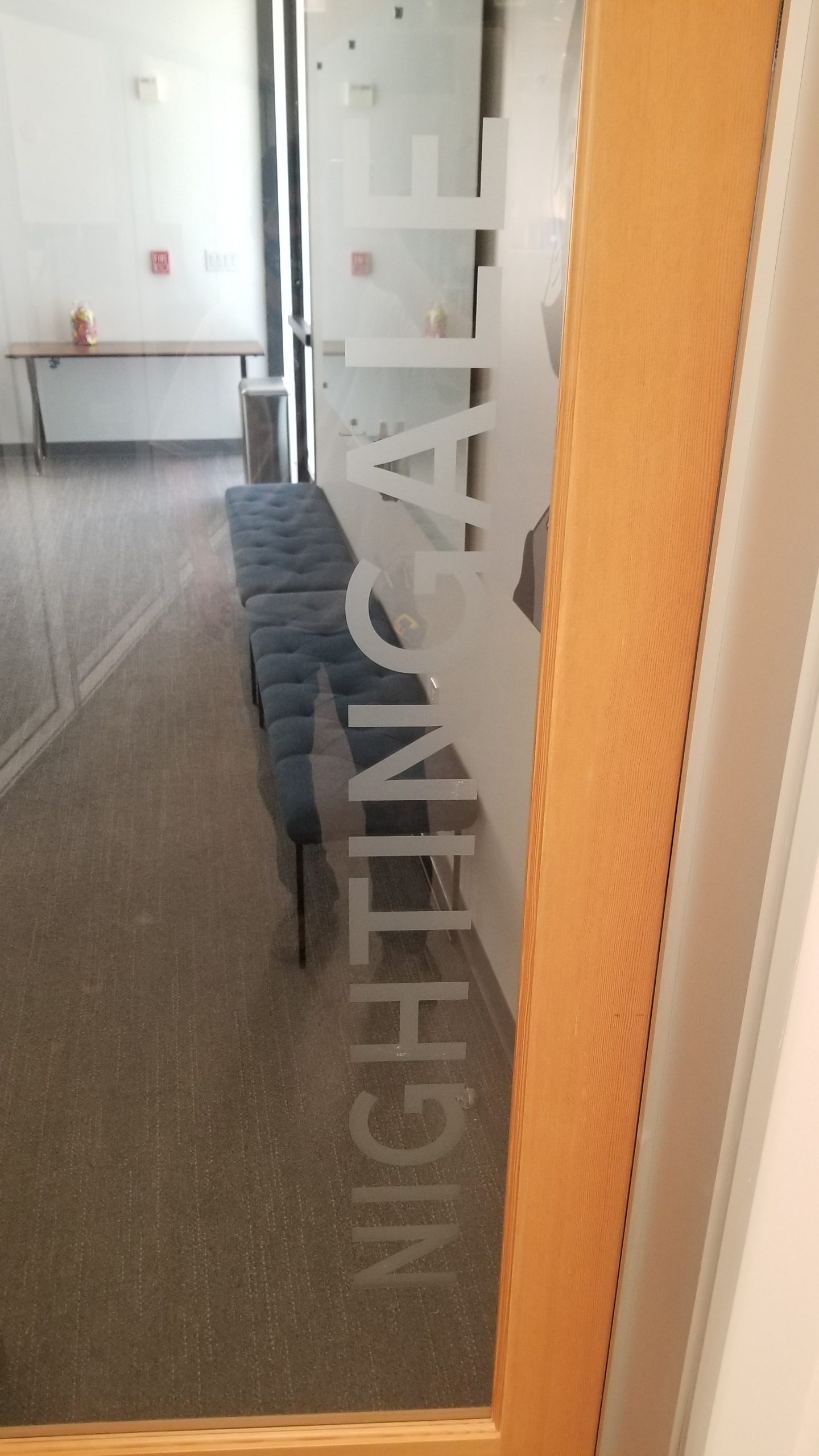 A part of the Office Design Package for Tiger Connect in Santa Monica. The frosted glass vinyl names each conference room after a famous medical pioneers.