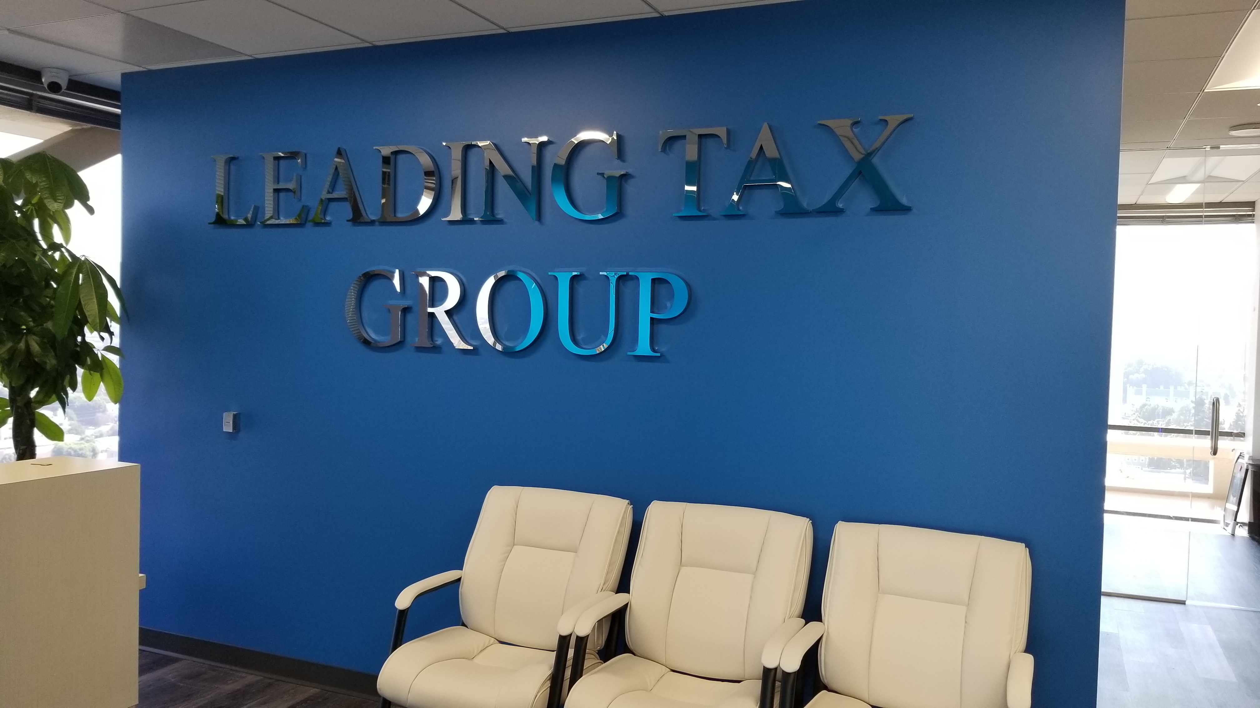 This is the metal lobby sign with mirror polish finish we fabricated for Leading Tax Group's Sherman Oaks office.