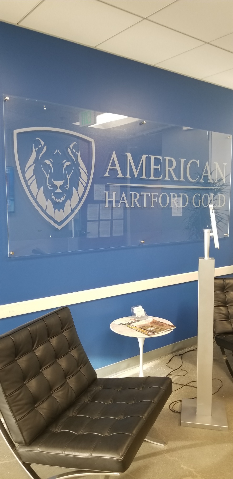 We made two acrylic panel corporate lobby signs for American Hartford Gold, one for their West Los Angeles office and one for their Woodland Hills office.