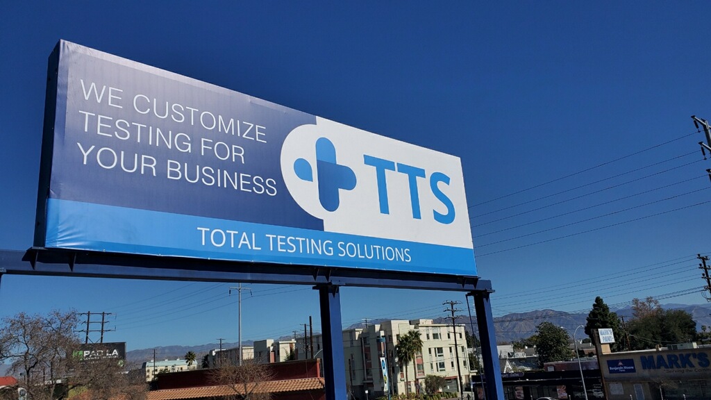 You are currently viewing Custom Banners on Pylon Signs for Total Testing Solutions in North Hollywood