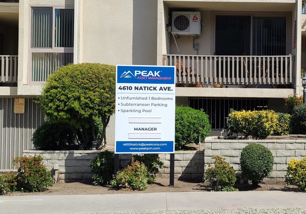 Post and Panel Real Estate Sign for Peak’s Natick Apartment in Sherman Oaks