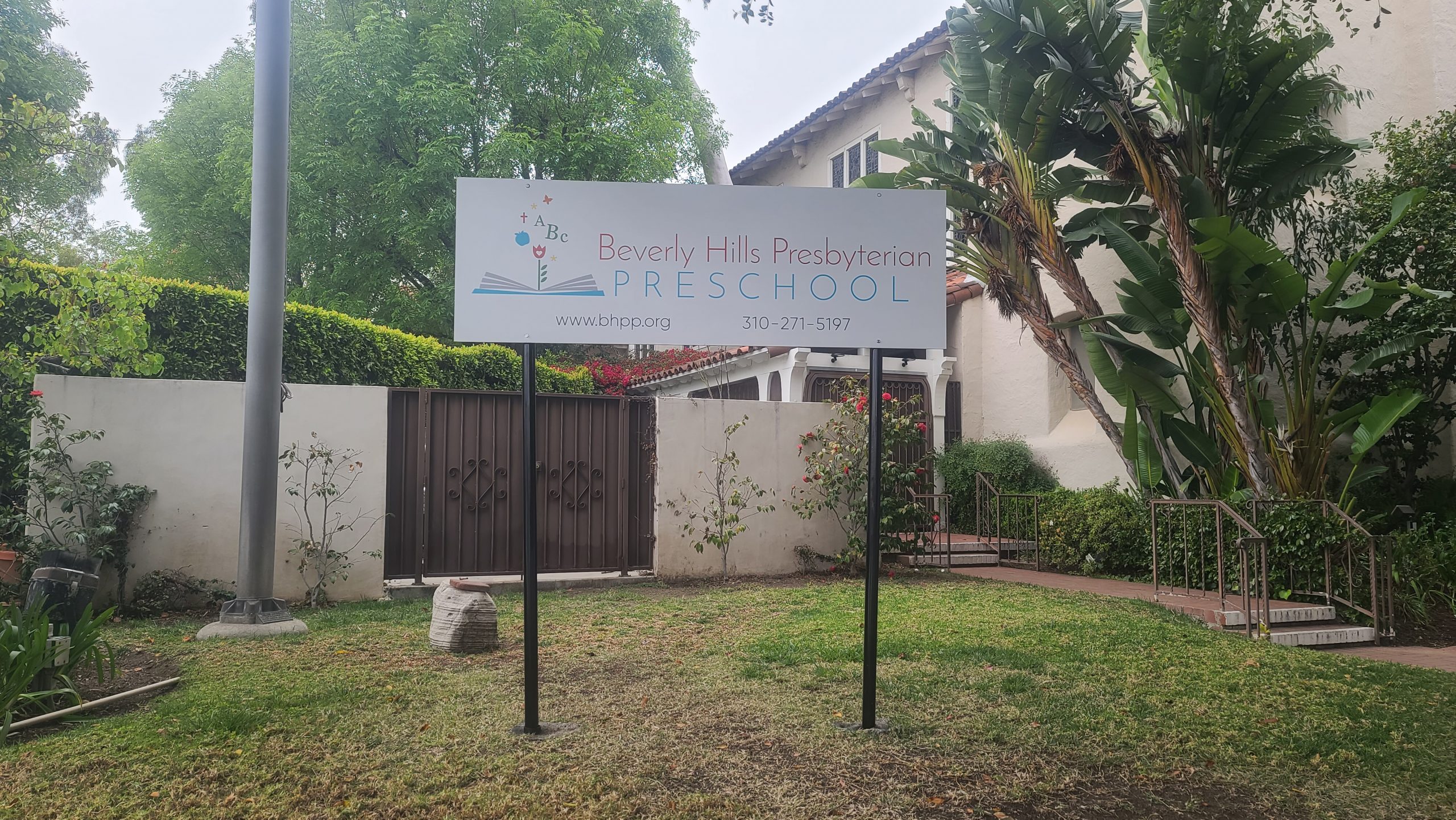 The post and panel school sign we fabricated and installed for for Beverly Hills Presbyterian Preschool in Beverly Hills.