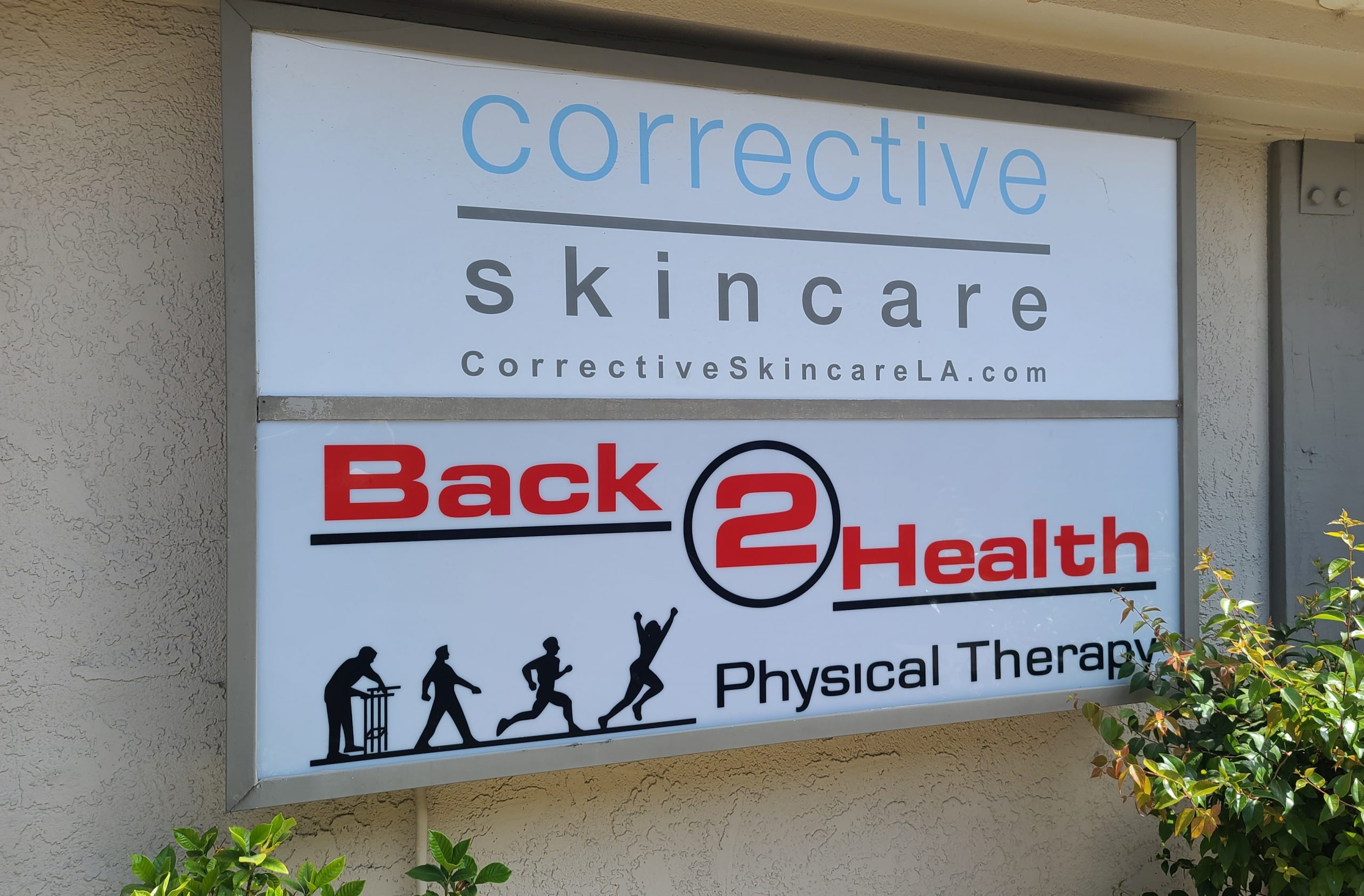 This lightbox sign is part of the comprehensive sign package we provided Back 2 Health for their Encino physical therapy center.