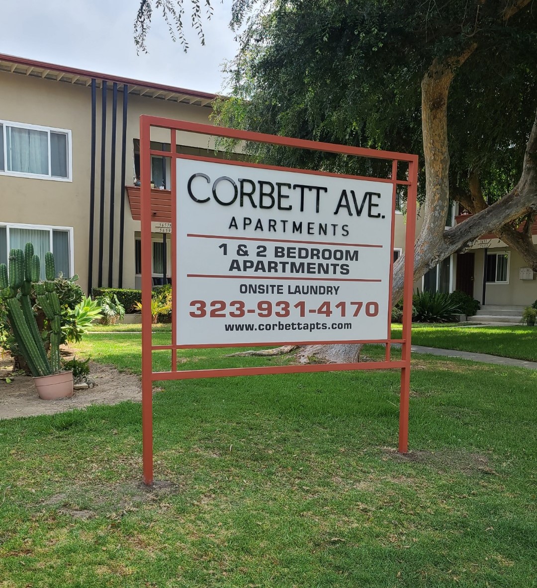 This post and panel apartment sign we fabricated and installed for Jones and Jones shows off their property in Corbett Avenue, Los Angeles,