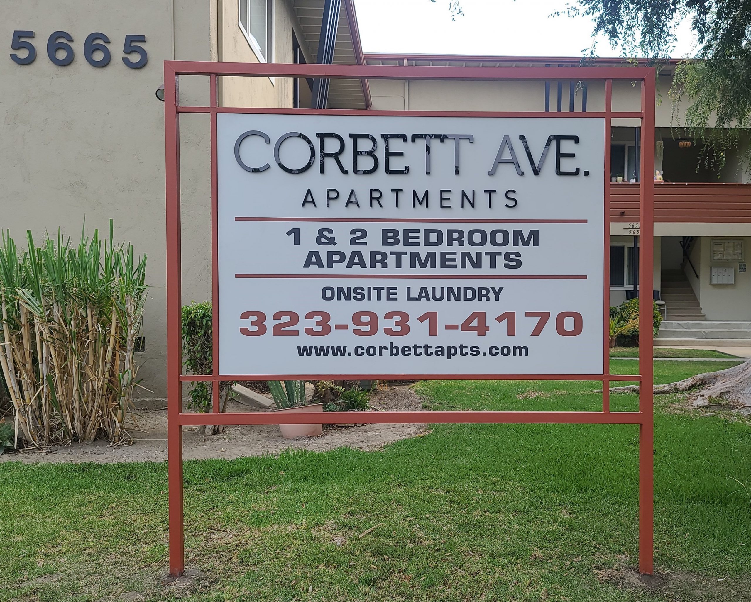 This post and panel apartment sign we fabricated and installed for Jones and Jones shows off their property in Corbett Avenue, Los Angeles,