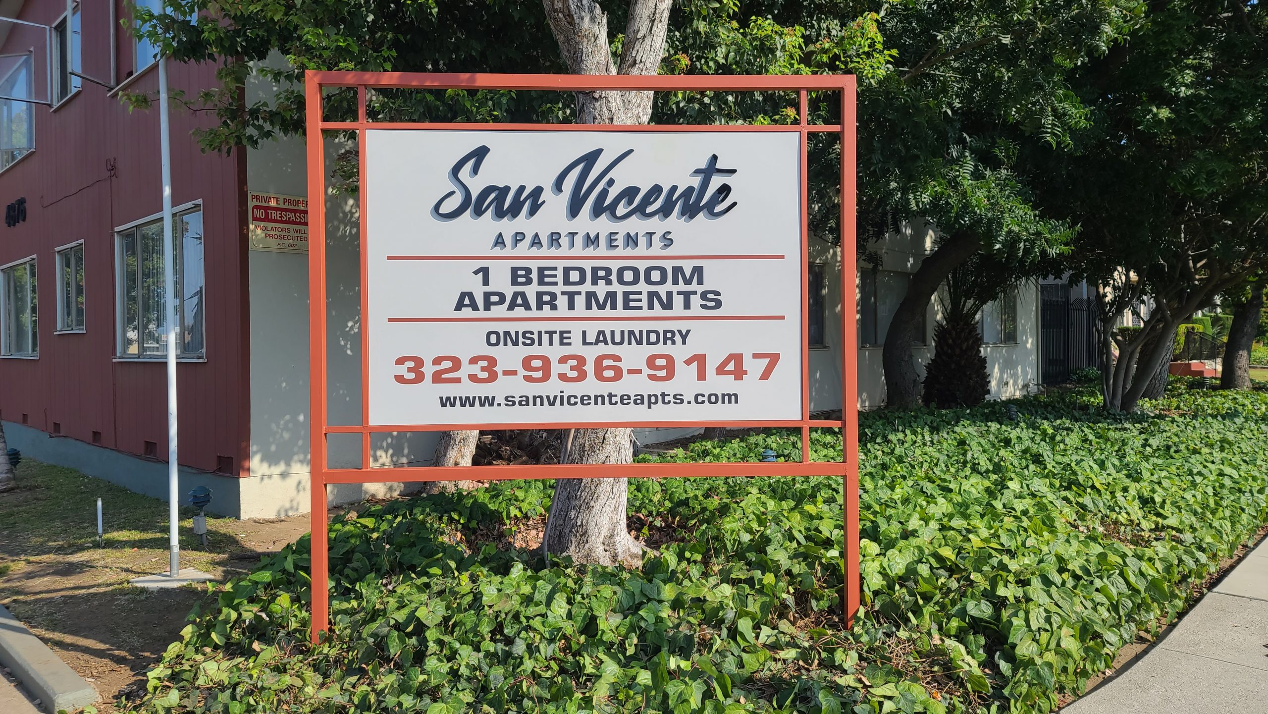 This is the post and panel apartment advertisement sign we fabricated and installed for our friends at Jones and Jones, it displays details about their San Vicente property so interested customers will know more about the available units.