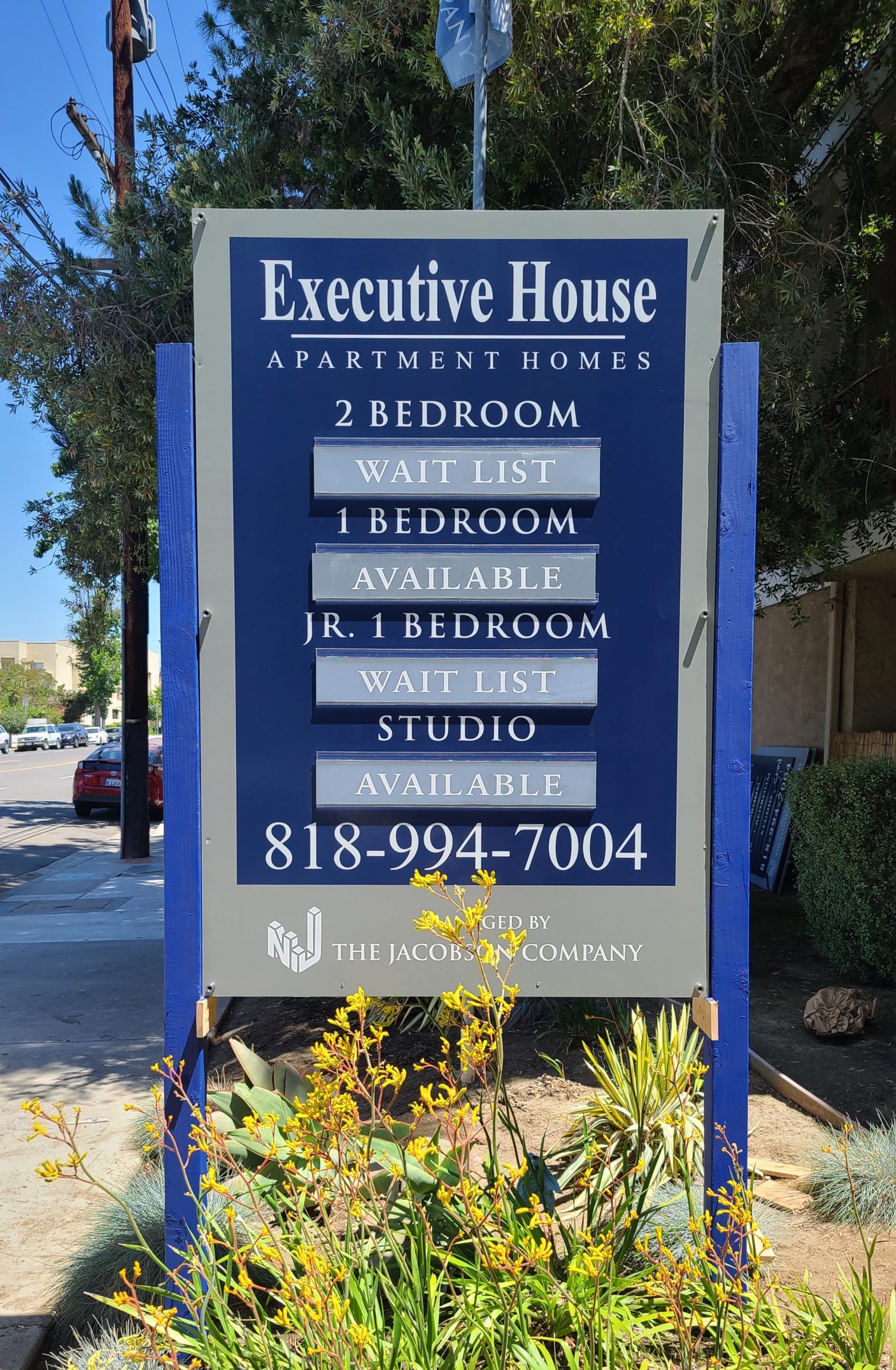Part of our post and panel sign package for our friends in The Jacobson Company. This acrylic cover over the Van Nuys apartment sign protects it from vandalism.