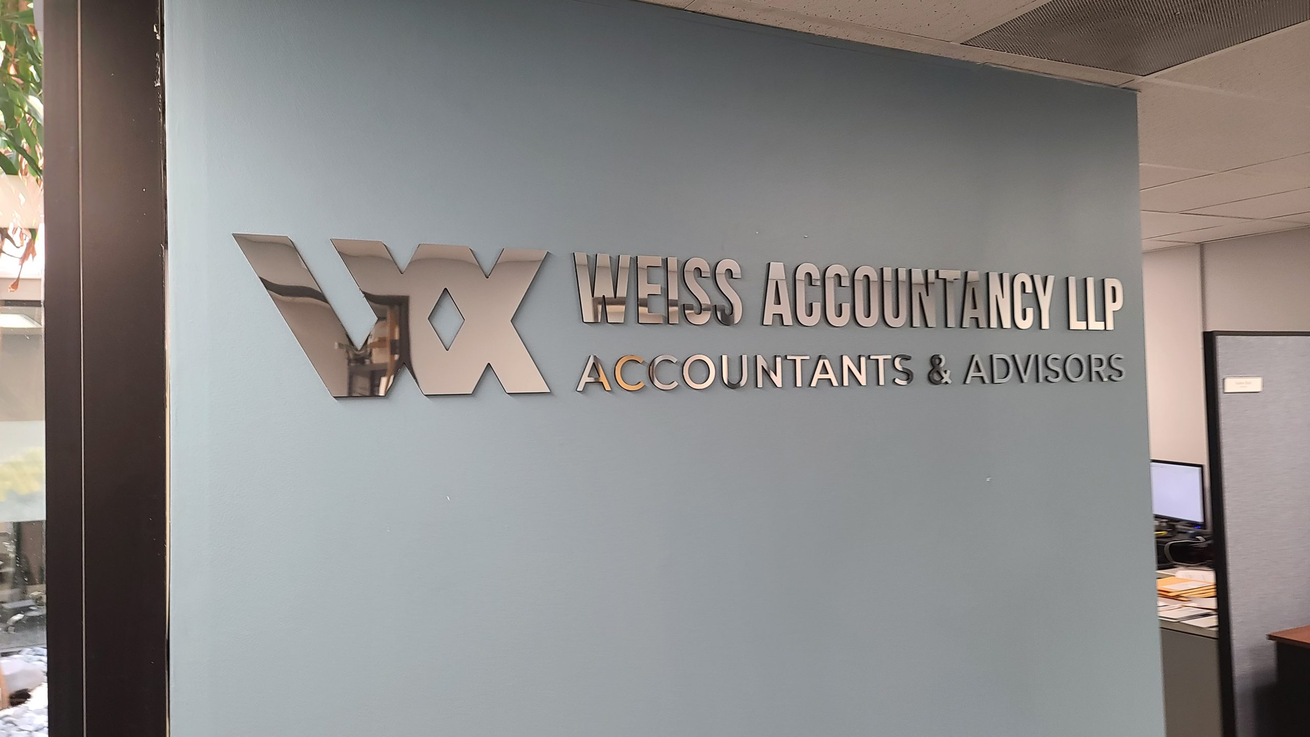 Another lobby sign for our friends at Weiss Accountancy, for their Van Nuys' office. This metal polished acrylic lobby sign is a thing of beauty.