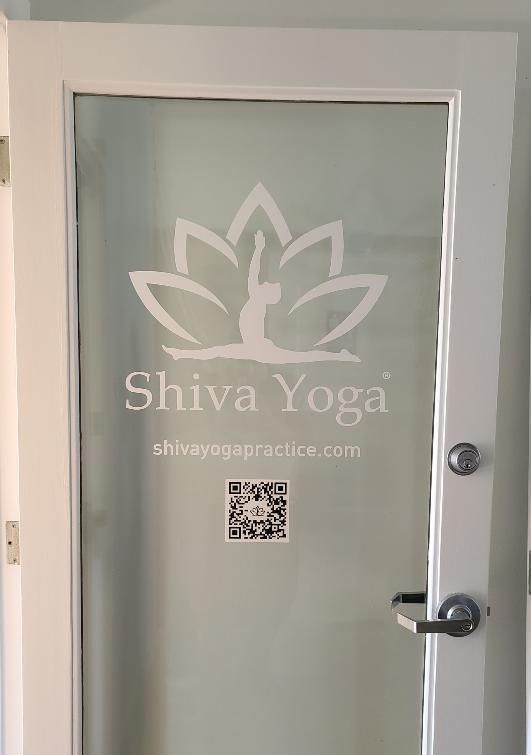 Studio door graphics we made for Shiva Yoga's West Hollywood branch. These entrance signs greet arriving members and hype them up for their sessions.