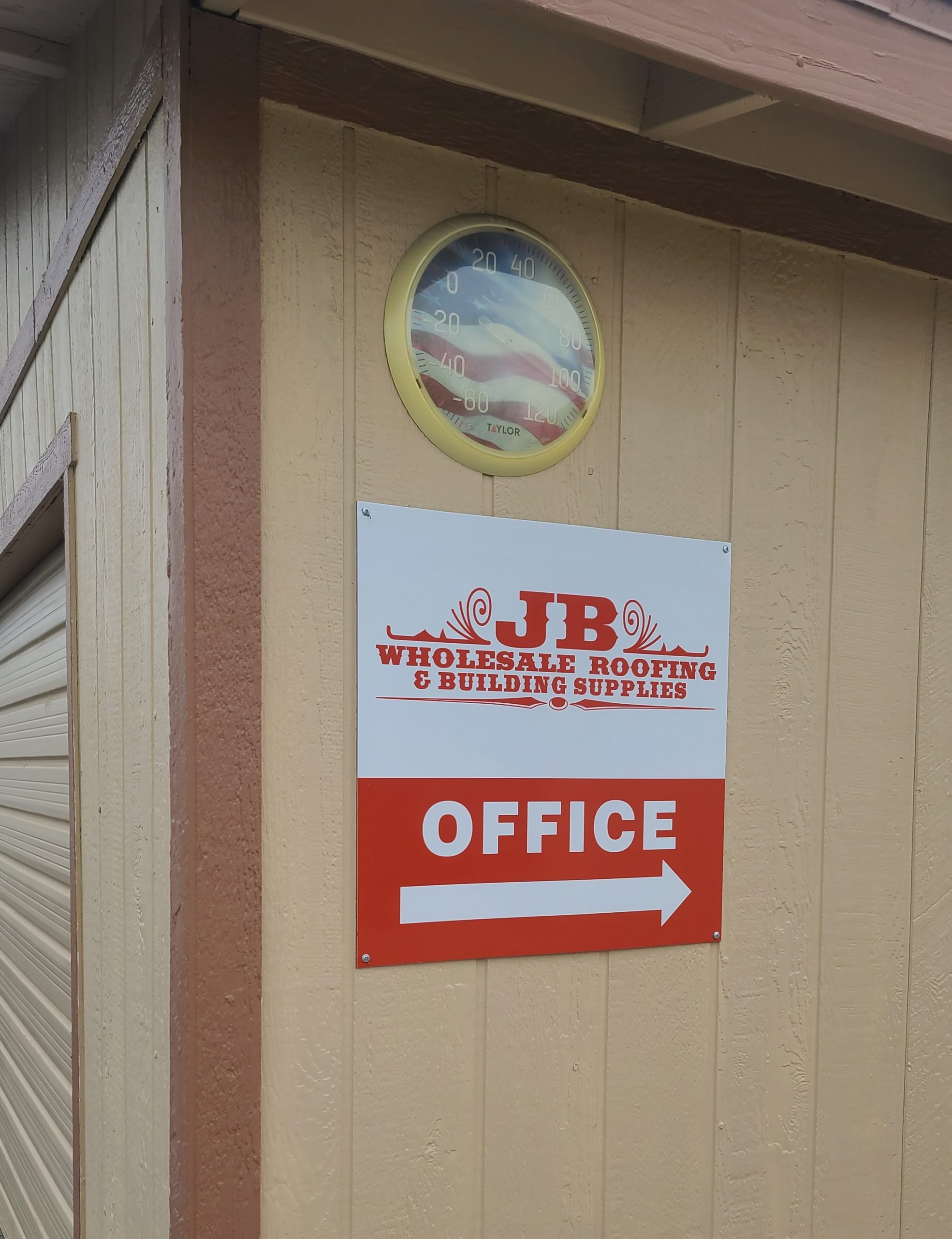 This outdoor directional sign for JB Wholesale Roofing's Murrieta location shows the way to their office, which is helpful for staff and visitors alike.