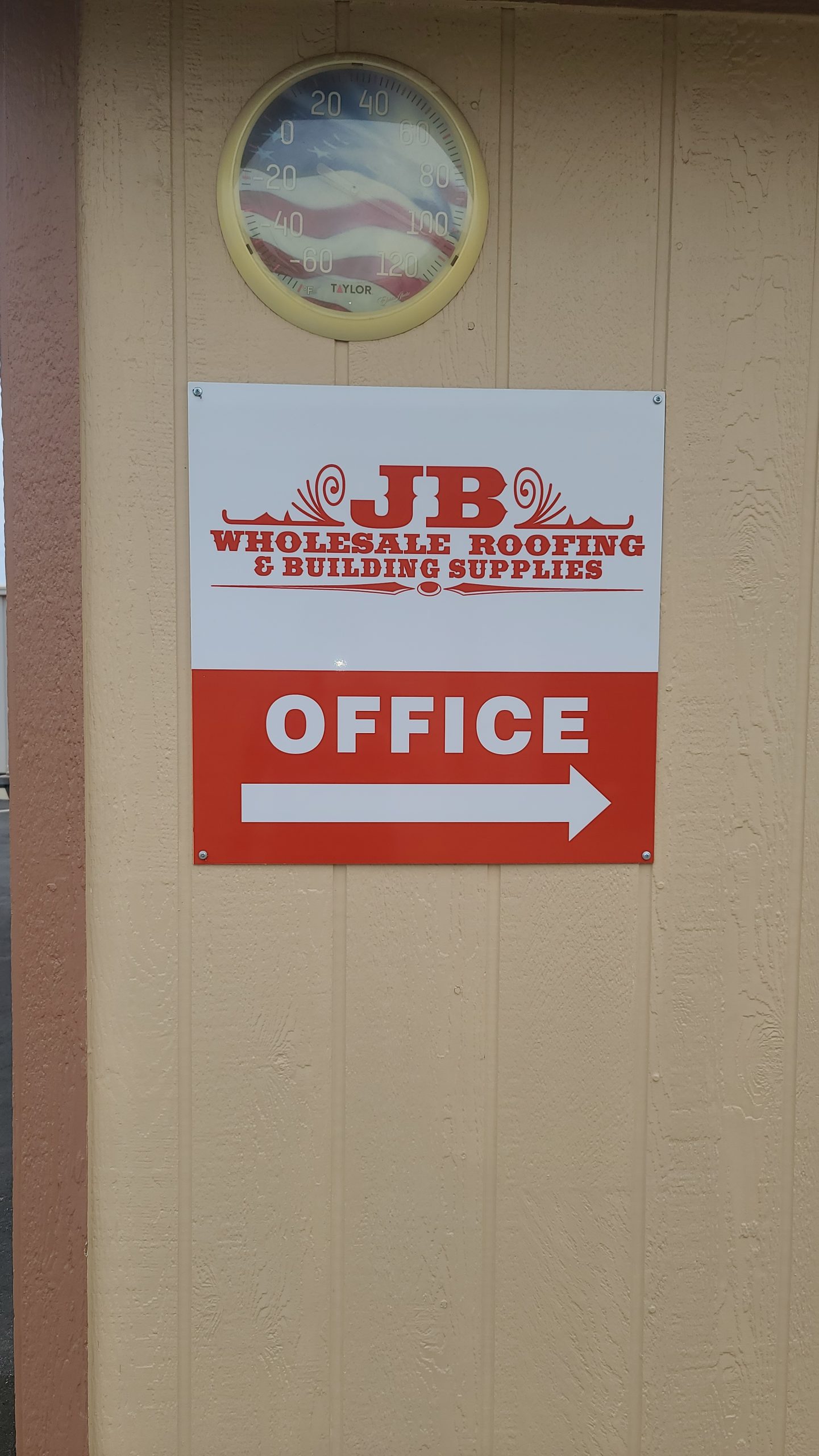 This outdoor directional sign for JB Wholesale Roofing's Murrieta location shows the way to their office, which is helpful for staff and visitors alike.