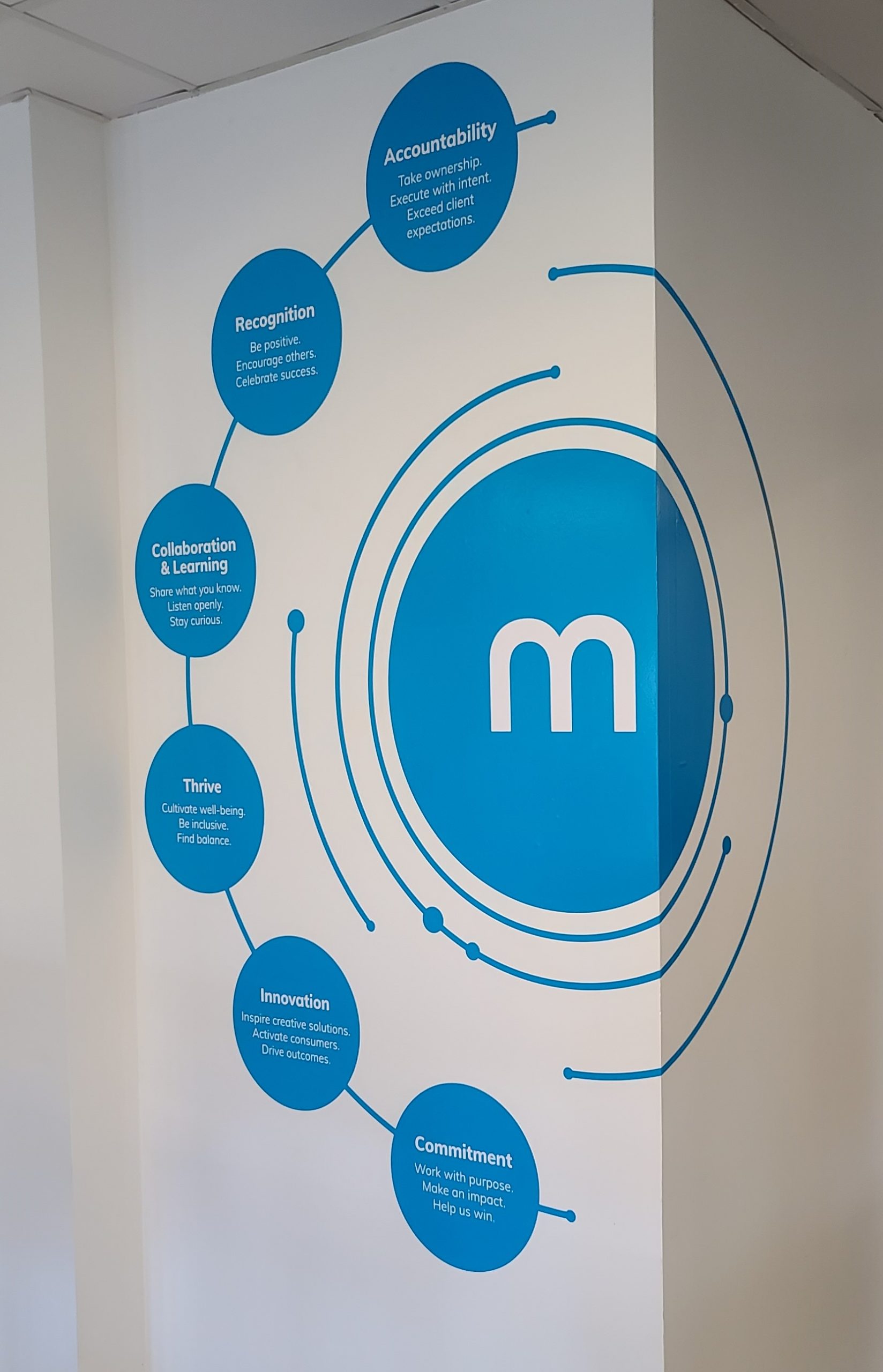Part of the sign package for mPulse Mobile's Encino workplace, these office wall graphics enhance the area and display the company's values.