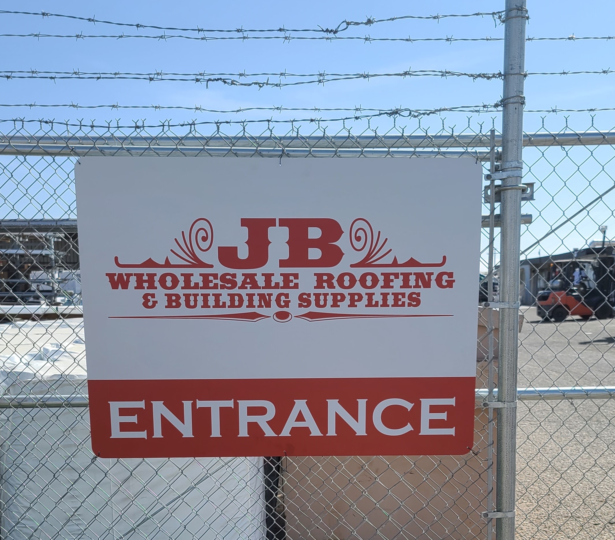 These maxmetal signs are part of the outdoor sign package for JB Wholesale Roofing & Building Supplies' Hesperia location.