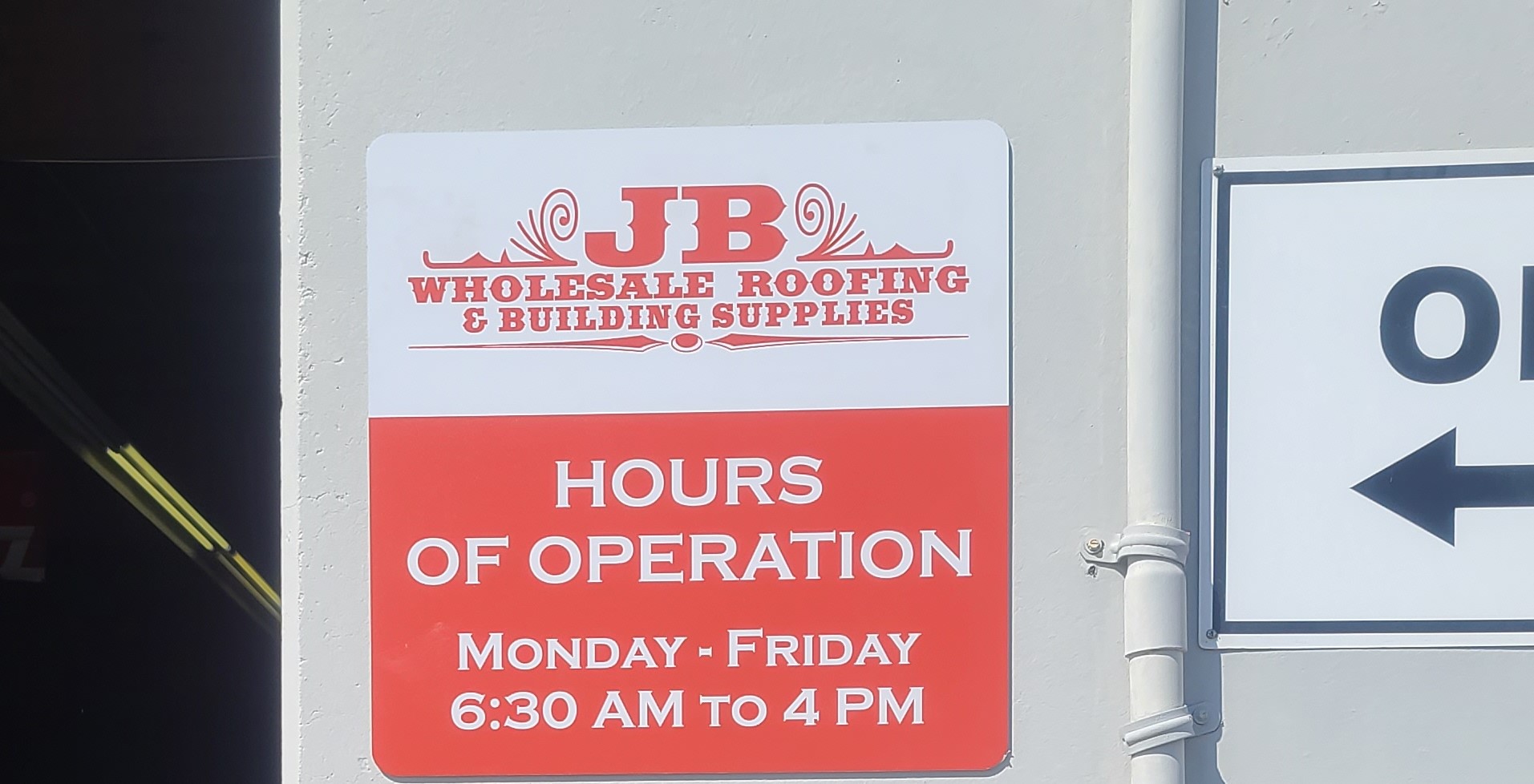 Our sign package for JB Wholesale includes more maxmetal outdoor signs for their Riverside branch. These include a building sign and directional pole signs.