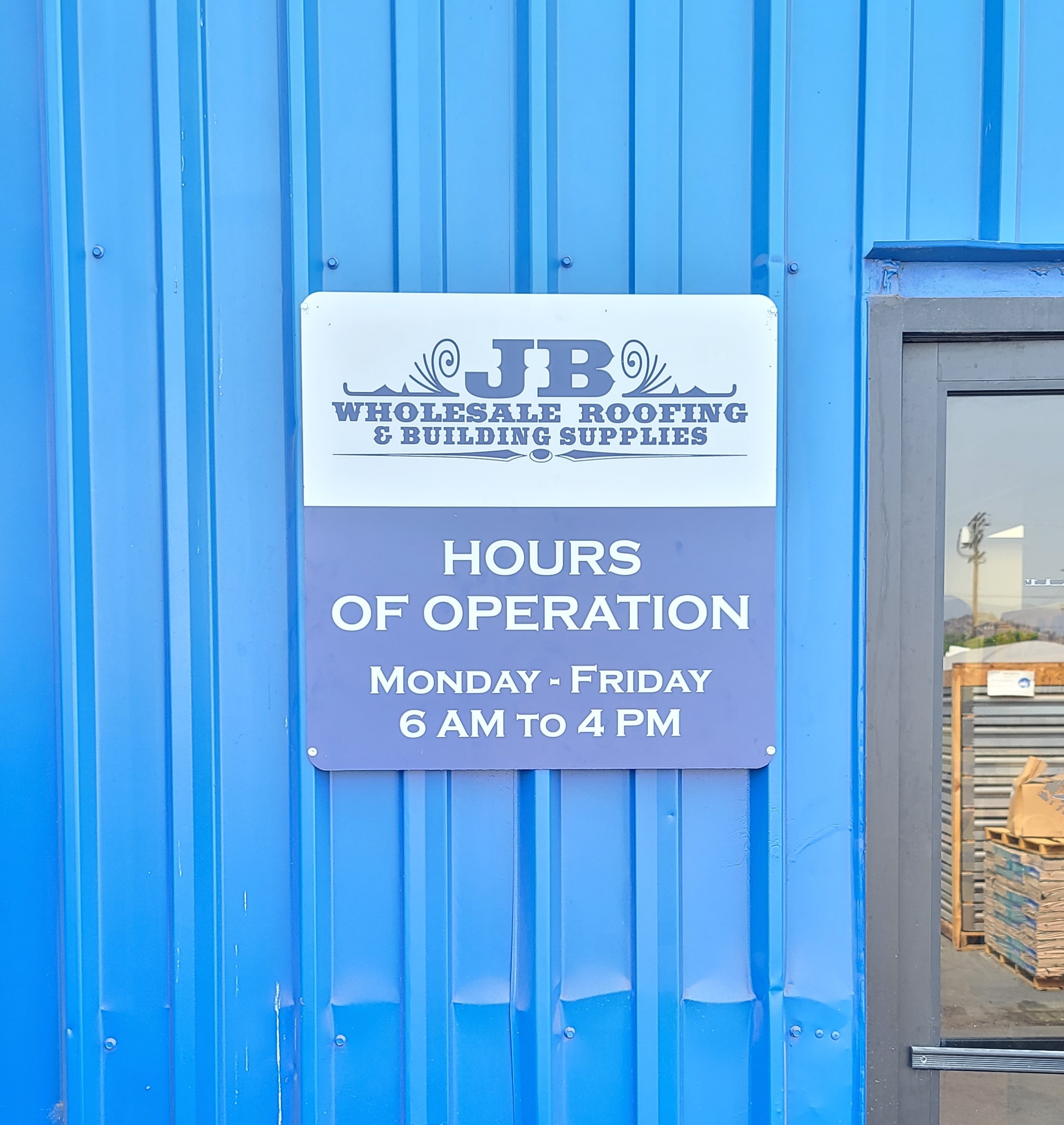 These are the office exterior signs for JB Wholesale Roofing & Building Supplies’ Sun Valley location.