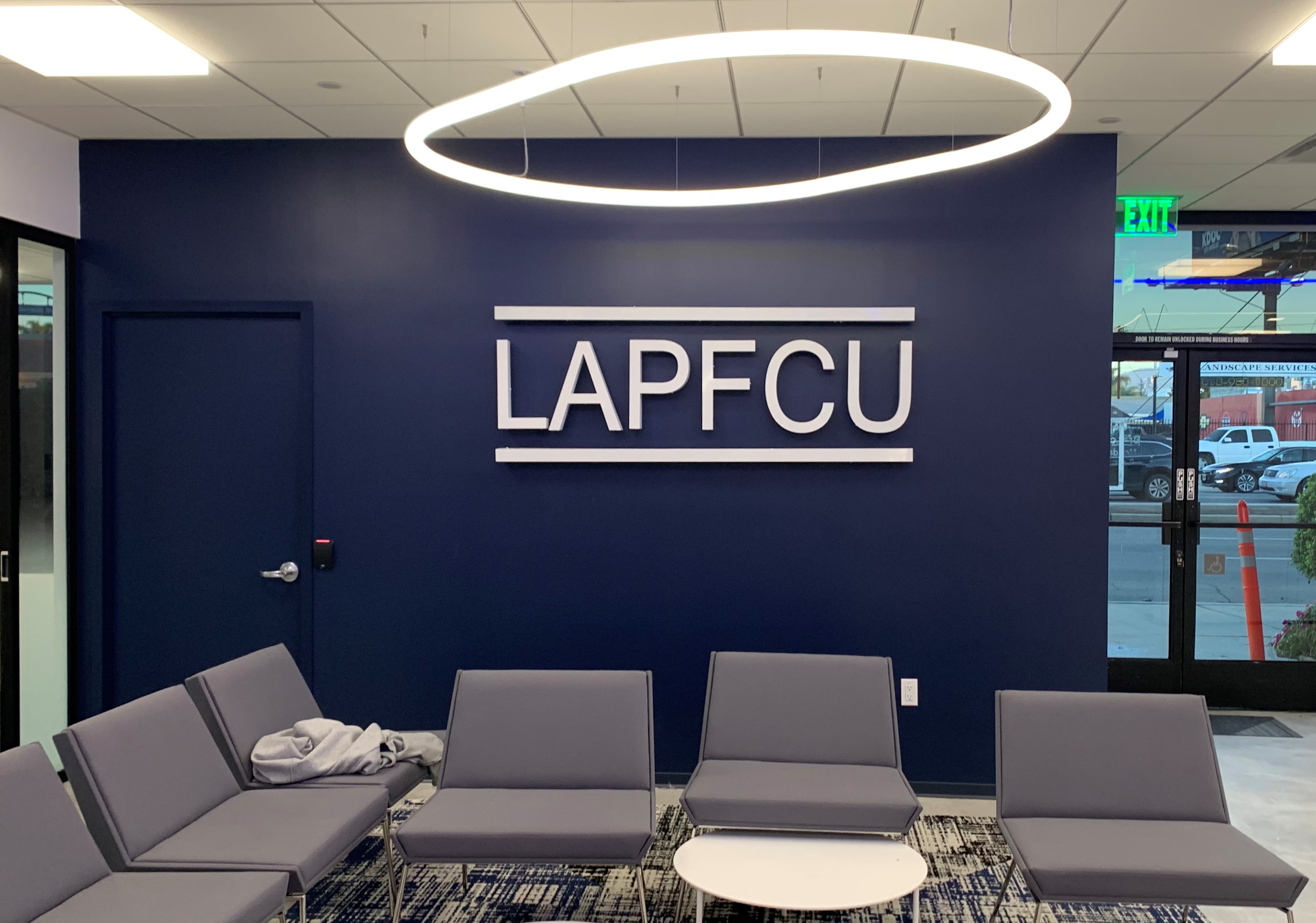 This is the eye-catching backlit lobby sign for LAPFCU's reception area. With these channel letters, their Van Nuys office will be visually impressive.