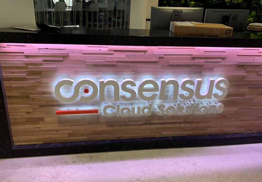 Illuminated Lobby Sign for Consensus Cloud Solutions in Los Angeles