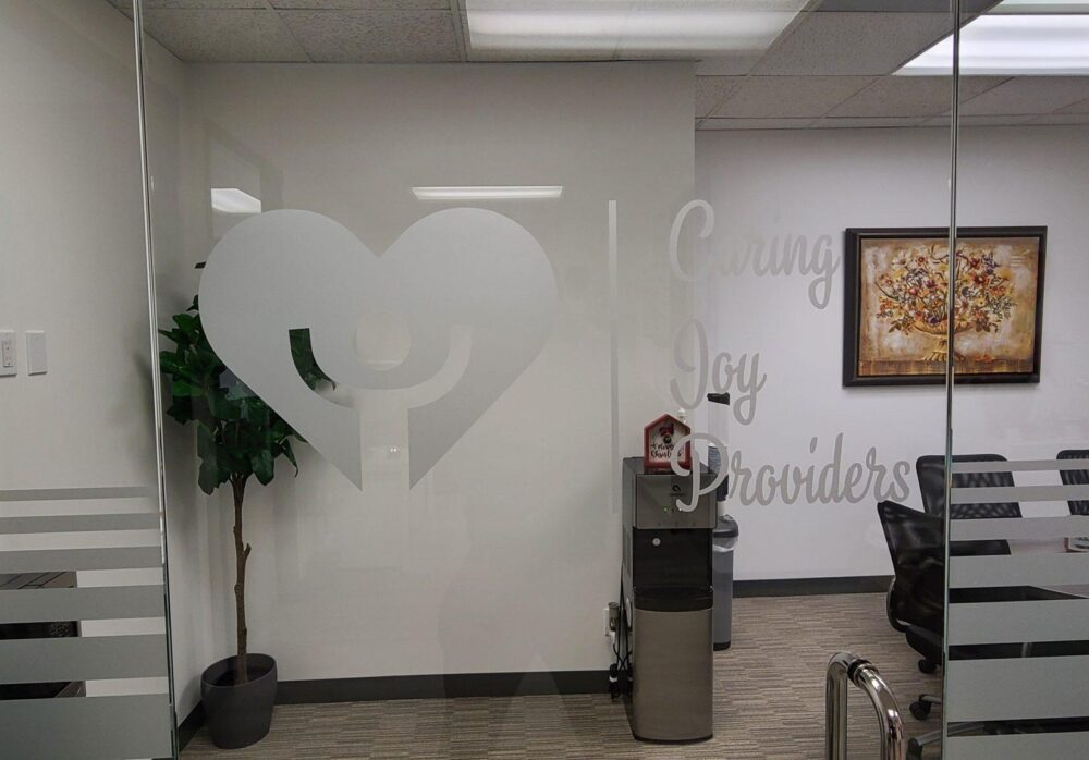 Frosted Window Vinyl for Caring Joy Providers in Encino
