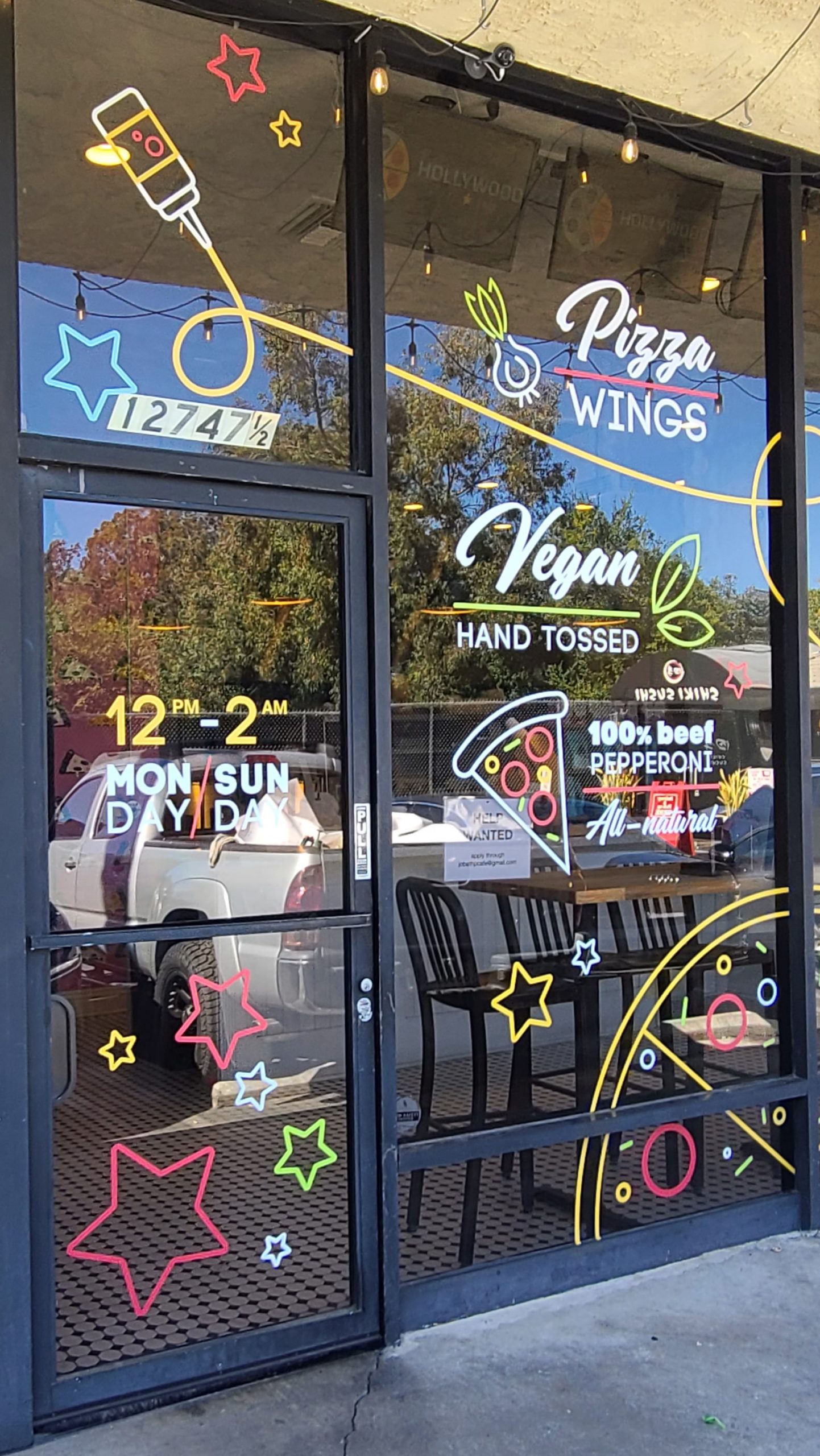 This is the window decals and graphics package we installed for Hollywood Restaurants.