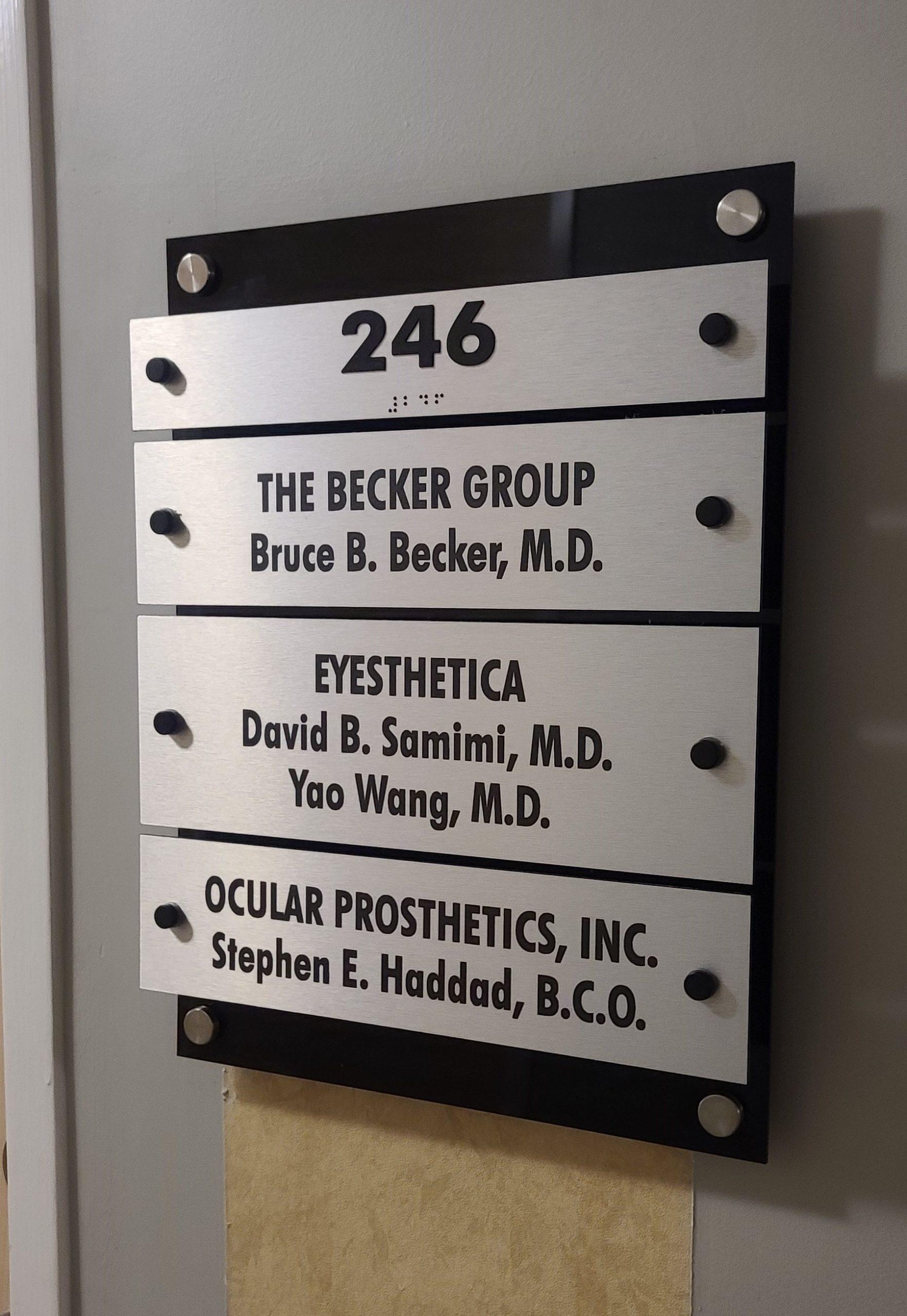 This is a suite plaque or room sign for the Becker Group in Ethan Christopher's West Hollywood building. Contact Premium Sign Solutions. Los Angeles sign company serving San Fernando Valley, Tarzana, Pomona and all of Southern California. Premium Sign Solutions Specializing in Storefront Signs, Lobby Signs, Indoor Signs and Outdoor Signs for Businesses.