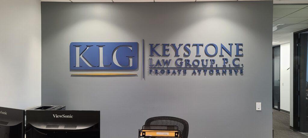 Eye-catching and professional-looking office signs are a must for law firms, such as our acrylic office lobby sign for Keystone Law Group's Los Angeles office. Los Angeles sign company serving San Fernando Valley, Tarzana, Pomona and all of Southern California. Premium Sign Solutions Specializing in Storefront Signs, Lobby Signs, Indoor Signs and Outdoor Signs for Businesses.