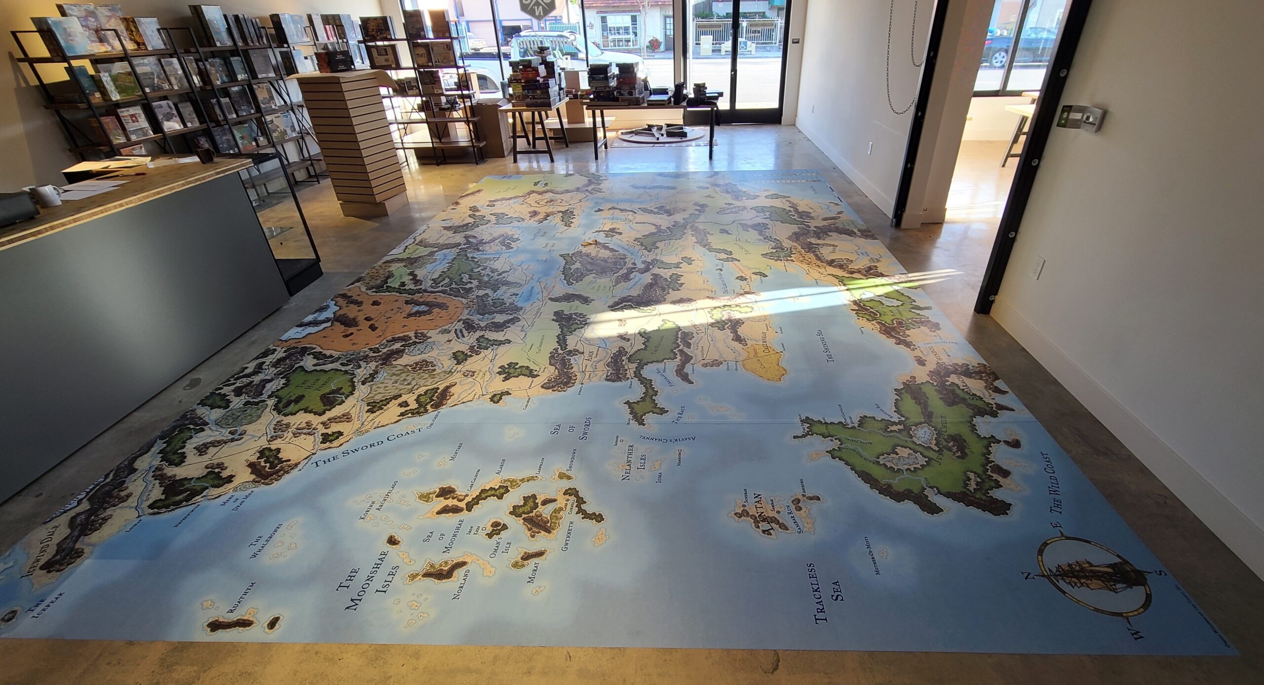 These are the floor graphics we installed for Game N' Grounds in Chatsworth. It depicts a map of Faerun, a fantasy game setting, which is definitely on brand!