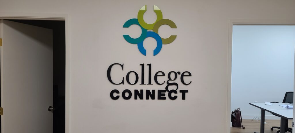 This acrylic lobby sign for College Connect's office in Thousand Oaks enhances the space and conveys the professionalism of the organization. 