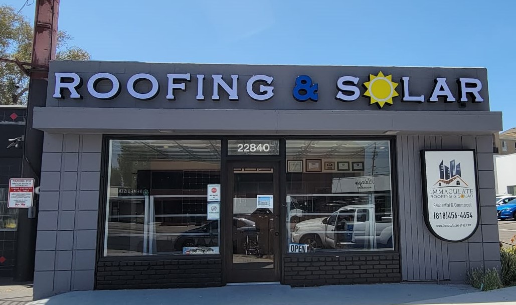 Immaculate Roofing & Solar Co. deserves similarly immaculate signage. These storefront channel letters for their Woodland Hills are definitely eye-catching.