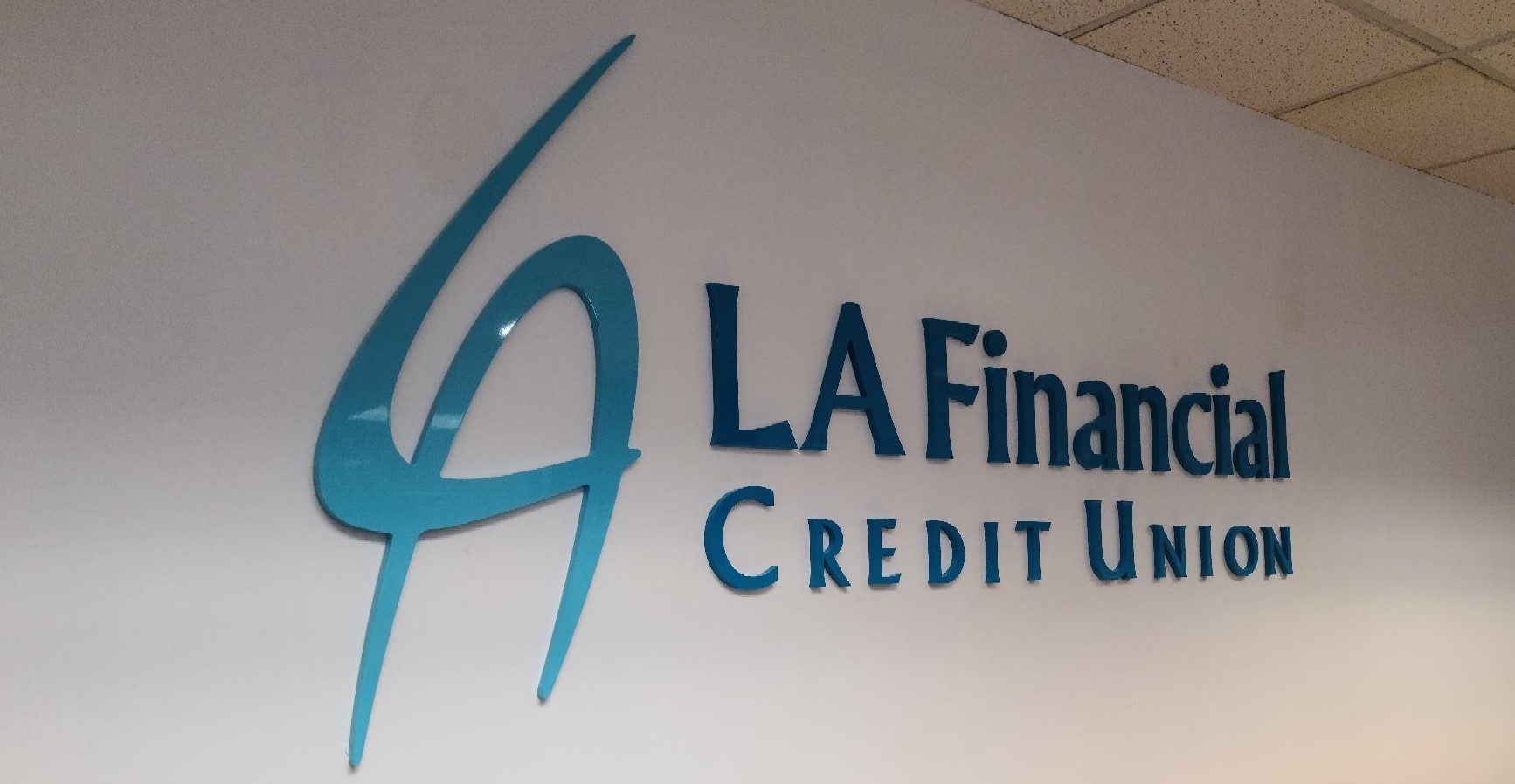 More for our office sign package for LA Financial Credit Union's Pasadena location. This dimensional lobby sign serves as a centerpiece for the workplace.
