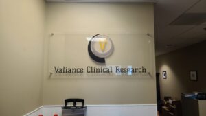 Read more about the article Acrylic Lobby Sign for Valiance Clinical Research in Tarzana