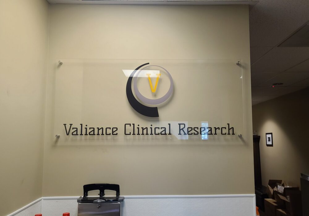 Acrylic Lobby Sign for Valiance Clinical Research in Tarzana