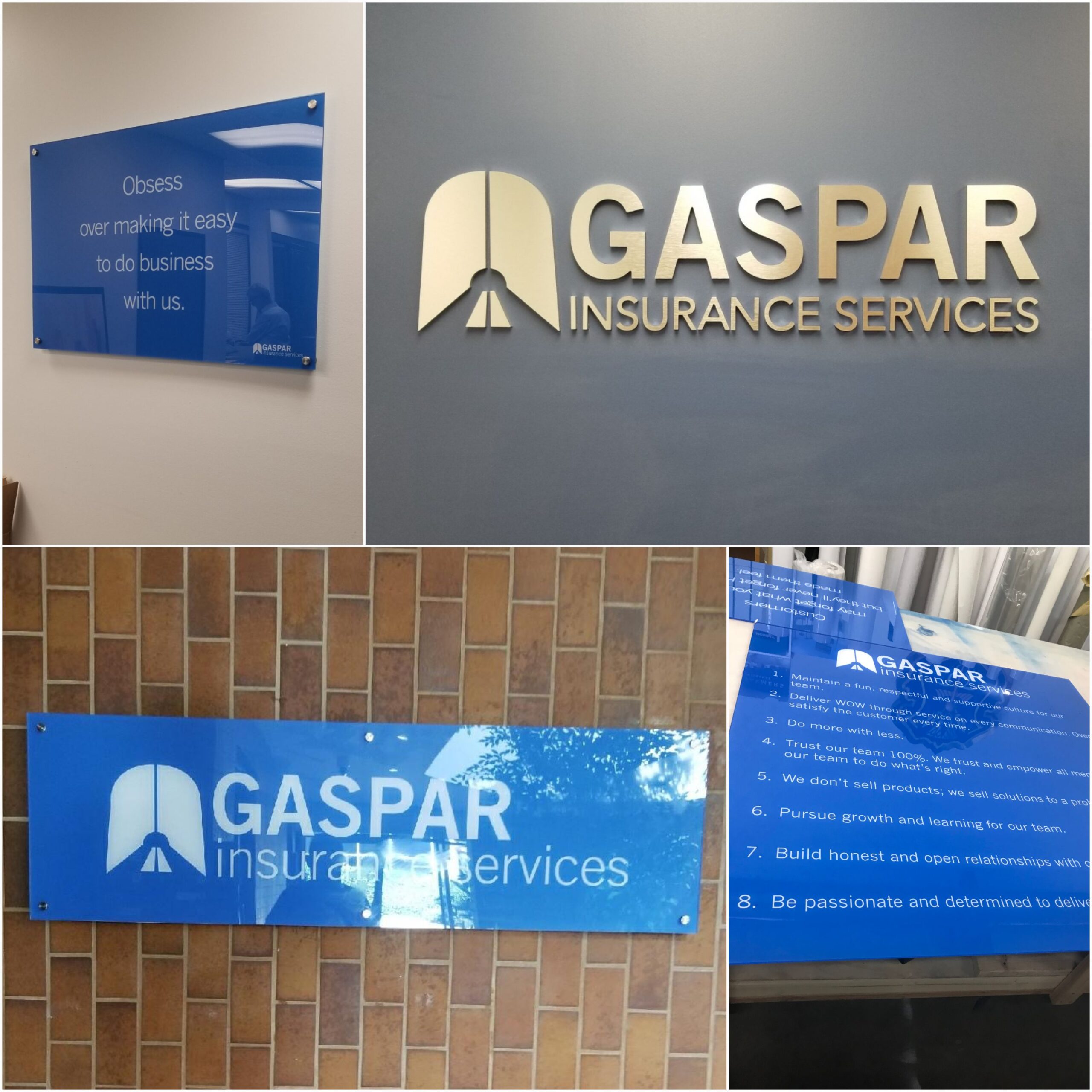 Gaspar lobby sign, outdoor signs, and indoor signs 