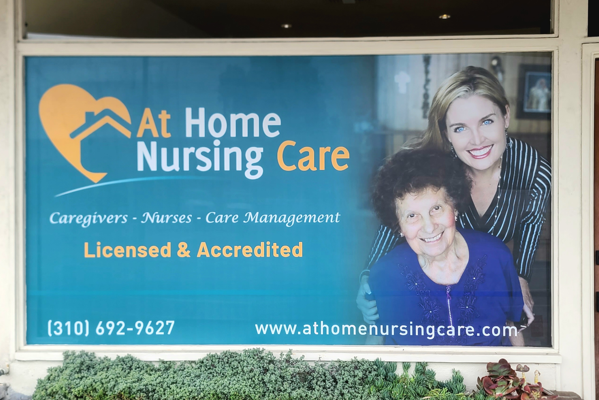 Vibrant Window Graphics: At Home Nursing Culver City's windows adorned with vivid graphics.