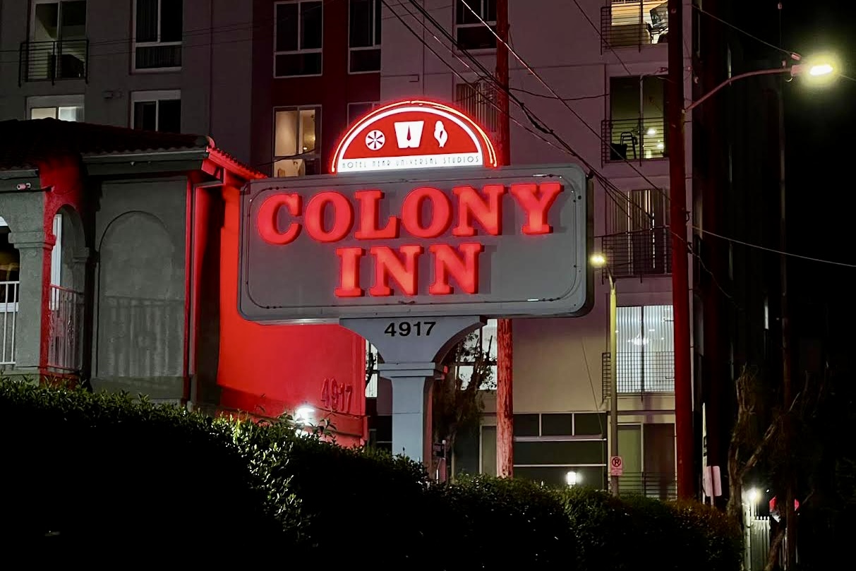 Vibrant red channel letters with LED illumination on the Colony Inn building in North Hollywood.