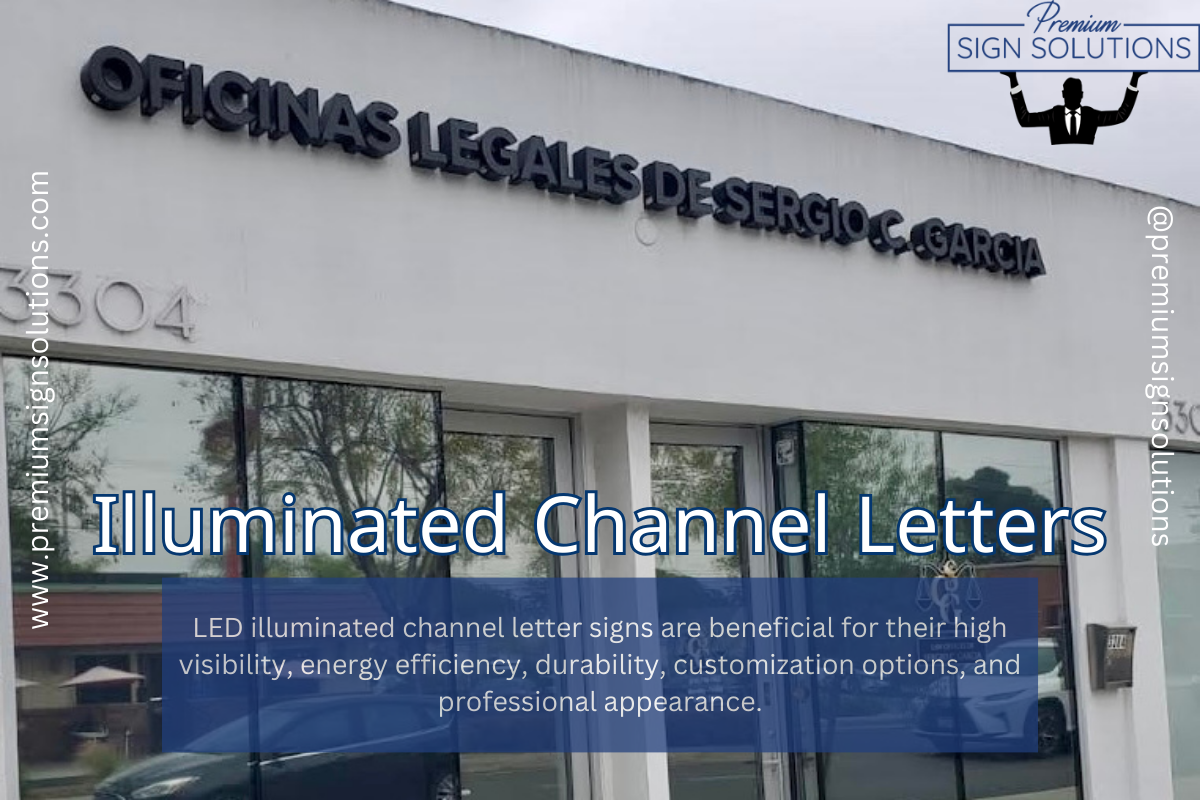 Illuminated channel letters spelling "OFICINAS LEGALES DE SERGIO C. GARCIA" on a building exterior in Burbank.