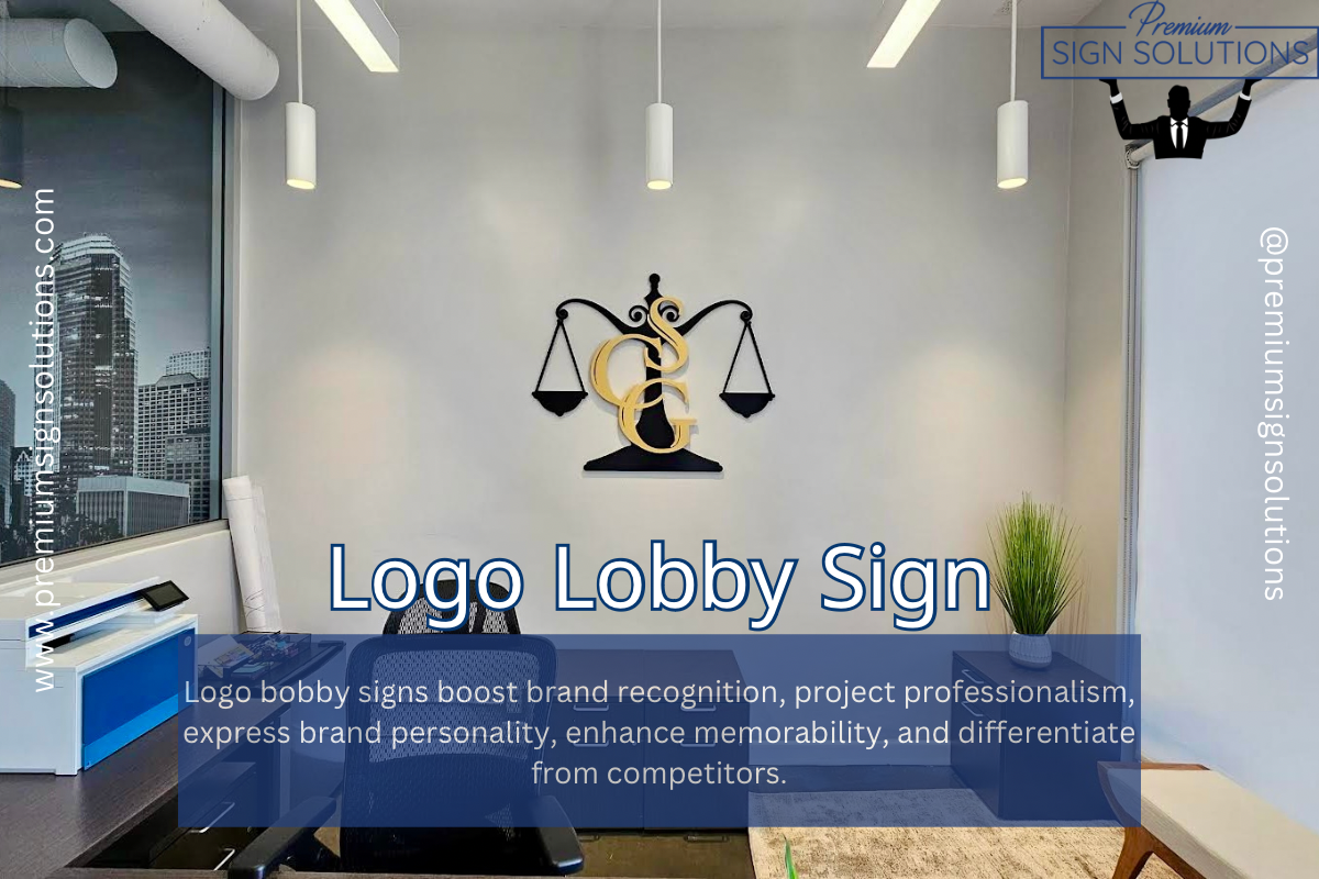 Modern law office lobby with a brushed metal sign of their logo mounted on a wall, creating a professional atmosphere.