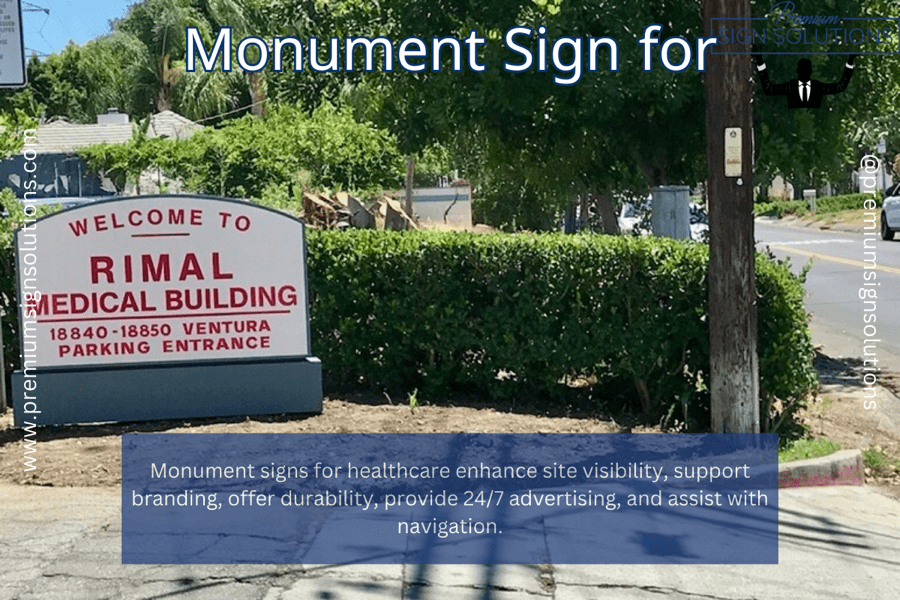 Monument sign for healthcare facility at entrance.