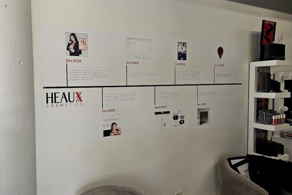 Vibrant company timeline wall wrap showcasing Heaux's journey.