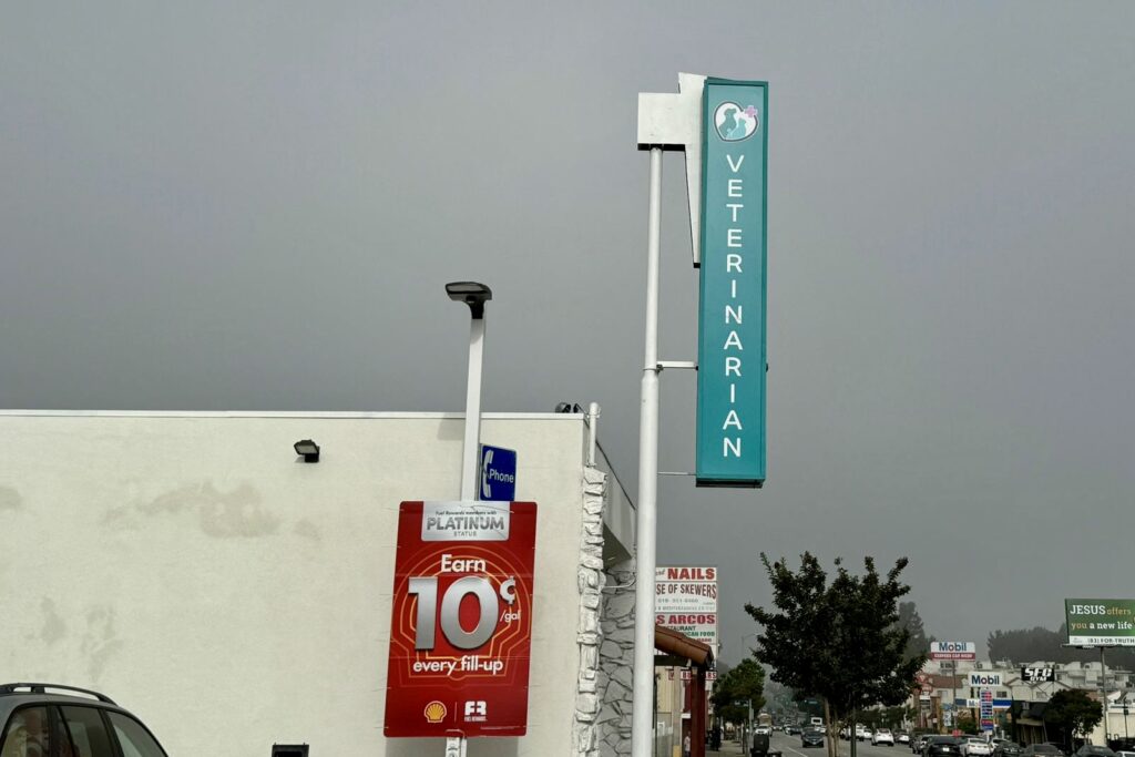 Vertical blade sign for Pet Medical Center Sunland mounted on pole, visible above the roofline.