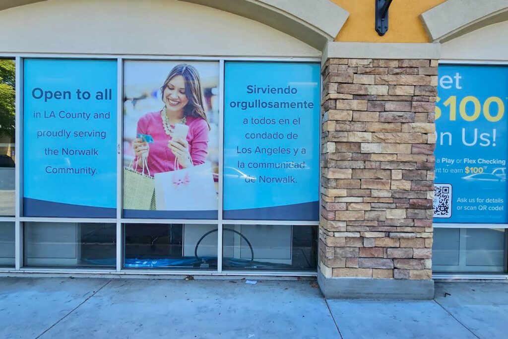 An intricate look at the side windows of the Norwalk branch of LA Financial reveals matte finishing and perforated material that allows a view into the branch while showcasing custom imagery on the outside.